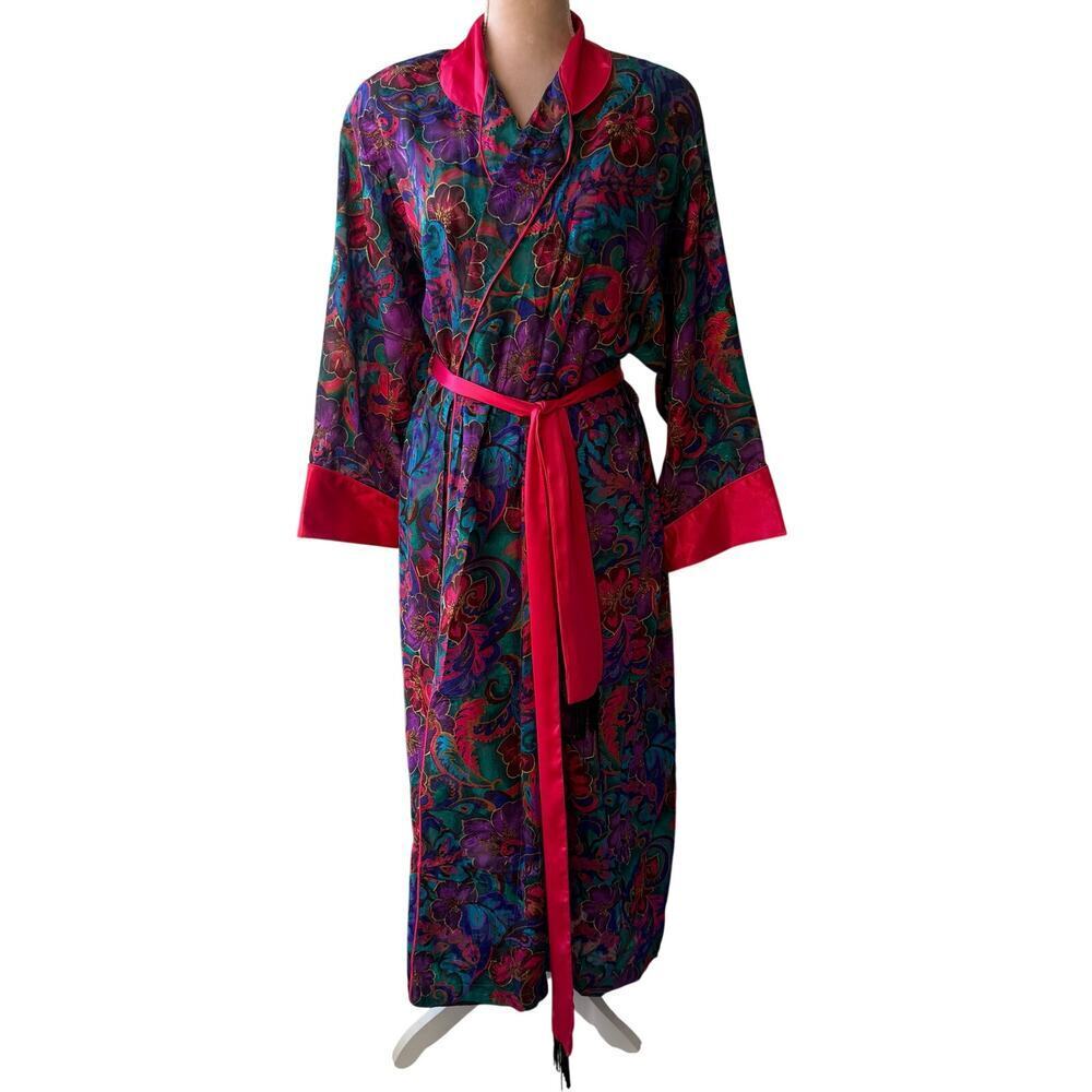 Vtg Victorias Secret Gold Label Paisley Long Robe Pink Satin Trim Fringe Glam S - Picture 2 of 15
